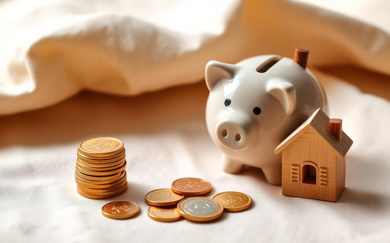 Piggy bank with stacked coins and a small wooden house